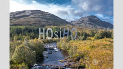 Aerial View Over Moriston River At Early Autumn In Highlands Of Scotland - Aerial Photography