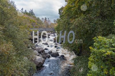 Stone Bridge Over Little Gruinard River In The Northwest Highlands Of Scotland - Aerial Photography