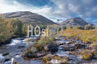 Aerial View Over Moriston River At Early Autumn In Highlands Of Scotland - Aerial Photography