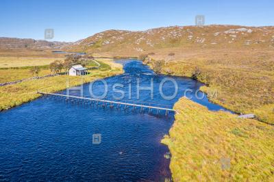 Aerial View Over River Laxford In Scottish Highlands - Aerial Photography
