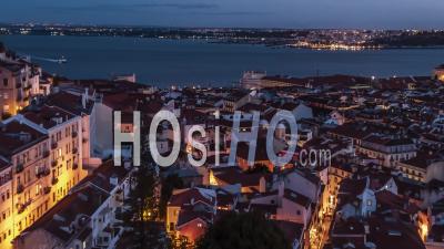 Aerial View Of Lisbon At Night, Lisboa, Commerce Square, Rua Augusta Arch, Portugal - Video Drone Footage