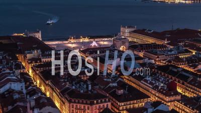 Aerial View Of Lisbon At Night, Lisboa, Commerce Square, Rua Augusta Arch, Portugal - Video Drone Footage