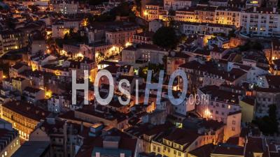 Aerial View Of Lisbon At Night, Lisboa, Old Town, Portugal - Video Drone Footage