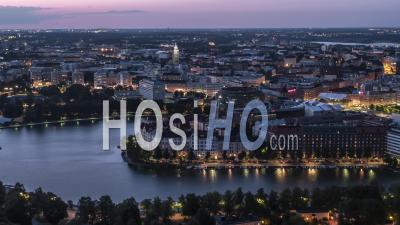 Establishing Aerial View Of Helsinki At Night, Helsinki Skyline, Finland - Video Drone Footage