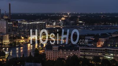 Establishing Aerial View Of Helsinki At Night, Helsinki Skyline, Finland - Video Drone Footage