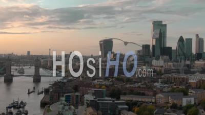 City Of London Skyline And Tower Bridge In London, At Sunset - Video Drone Footage