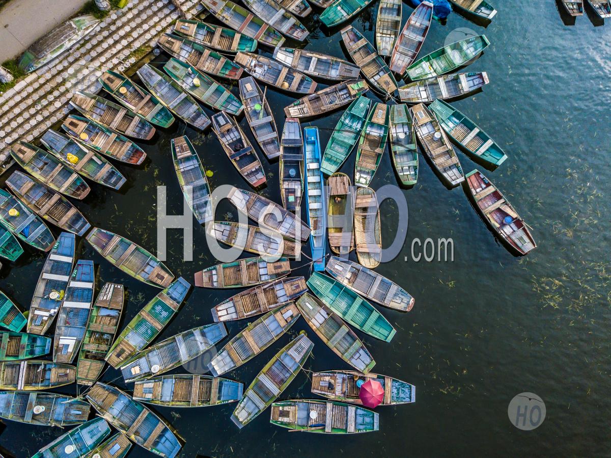 View From Above Rowing Boat Parked At Hoa Lu ,Tam Coc , Vietnam - Aerial Photography