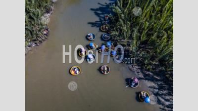 Top View With Drone Of Coconut Tree Forest With Bamboo Basket Boats In Hoi An,Vietnam - Aerial Photography