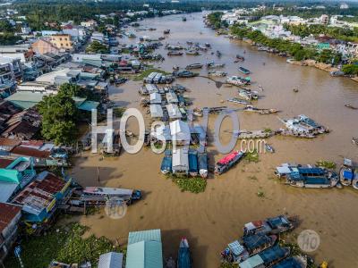 Aerial View From Above With Drone , Of The Floating Market On Delta Mekong , Can Tho, Vietnam - Aerial Photography