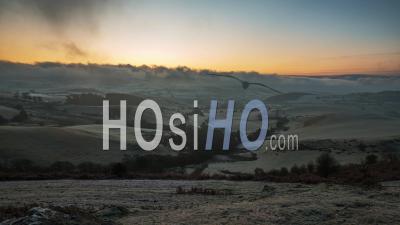 British Countryside Fields At Frosty Sunrise In Shropshire