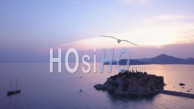 Montenegro, Sveti Stefan Sunset Pano. Aerial Footage - Video Drone Footage