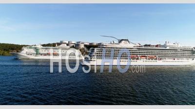 Panorama Between Two Cruise Ships Who Meets In The Swedish Archipelago With Light From The Evening Sun - Video Drone Footage