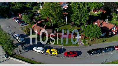 Aerial View And A Pull Back Revealing The Small Boat Harbor Including A Ferrari In Sigtuna A Summer Afternoon - Video Drone Footage