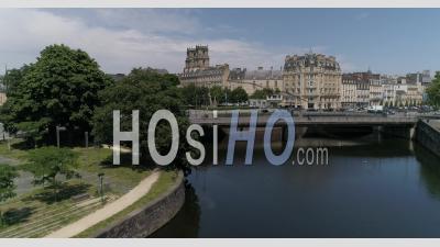 Video Drone Footage Of Rennes City, Brittany, France, Above The River Vilaine Towards The Historical Center.