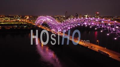 Memphis Hernando De Soto Bridge With Colorful Lights, Cityscape Downtown And Mississippi River - Aerial Video By Drone