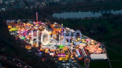 Winter Wonderland Amusement Park, Hyde Park At Night, London Filmed By Helicopter