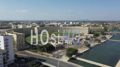 Aerial View Of Place De L'europe, In Port Marianne District In Montpellier During Covid-19 - Video Drone Footage