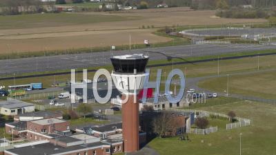 Lille Lesquin Airport Hosting A Complete Fleet Of Hop Airliners In Front Of A Close Terminal - Video Drone Footage