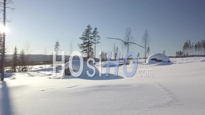 Deux Motoneiges Conduisant à Une Forêt Enneigée De Sapins, Tackasen, Suède - Vidéo Drone