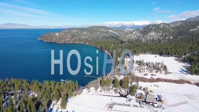 2020- Winter Snow Aerial Over Glenbrook, Nevada Community, Ranch Houses On The Shores Of Lake Tahoe Nevada. - Video Drone Footage