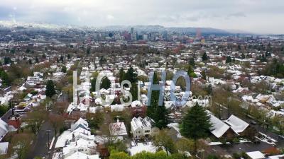 Aerial Over Snowy Winter Neighborhood, Houses, Suburbs In Snow In Portland, Oregon. - Video Drone Footage