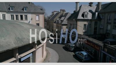 Halles Street Near The Fish Shop In Coutances City During The Covid 19 Pandemic - Video Drone Footage