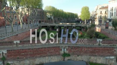 River Basse In Empty Town Of Perpignan During Covid-19 - Video Drone Footage