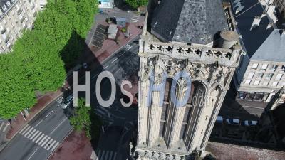 Above The Church Saint Jean Of Caen, And Desert Street During Lockdown Due To Covid-19 - Video Drone Footage