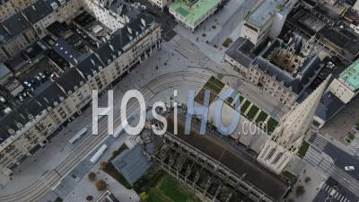 Above The Church Saint Pierreof Caen, And Desert Street During Lockdown Due To Covid-19 - Video Drone Footage