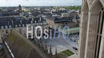 Above The Church Saint Pierre Of Caen, And Desert Street During Lockdown Due To Covid-19 - Video Drone Footage