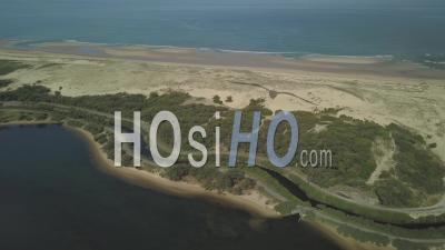 Aerial View, Atlantic Coast Since Port D'albret Marine Lake, Soustons Current - Video Drone Footage