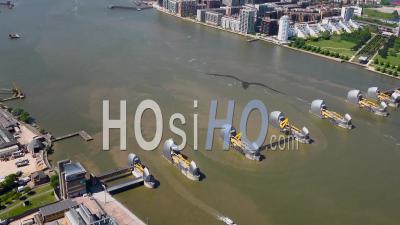 Thames Barrier And River Thames During Covid-19 Lockdown, London Filmed By Helicopter