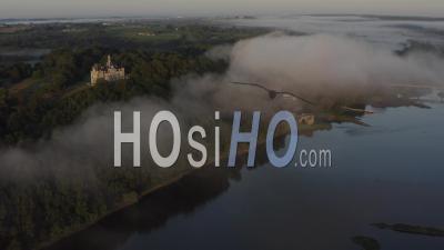 Champtoceaux France Loire Atlantique Castles Of The Loire Morning Fog River Sunrise- Video Drone Footage