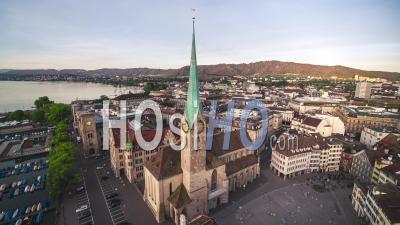 Beautiful Fraumunster, Aerial View Shot Of Zurich, Switzerland - Video Drone Footage
