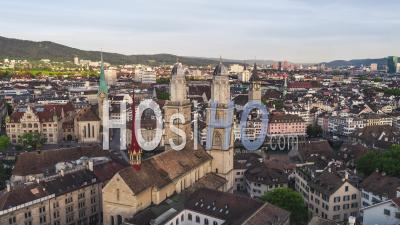Great Grossmunster, Aerial View Shot Of Zurich, Switzerland - Video Drone Footage