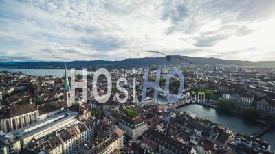 Aerial View Shot Of Zurich, Great Old Town, Switzerland - Video Drone Footage