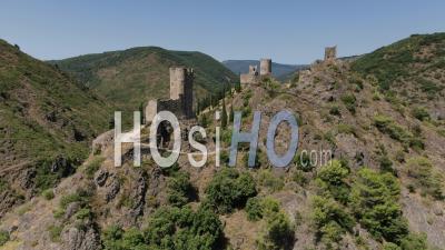 Aerial View Of Castles Of Lastours, Historical Cathars Ruins, Seen By Drone