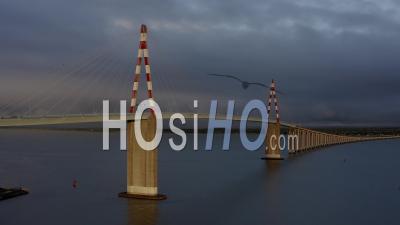 Saint Nazaire Bridge In Cloudy Times In West Of France - Video Drone Footage