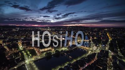 Aerial View Shot Of Zurich, Beautiful Old Town At Night Evening, Switzerland - Video Drone Footage