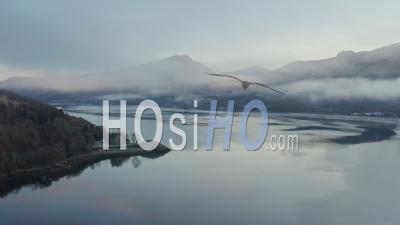 The Vast And Serene Waters Of Loch Fyne On A Foggy Weather Located Inside The Trossachs National Park In Highlands Of Scotland -Aerial Shot - Video Drone Footage
