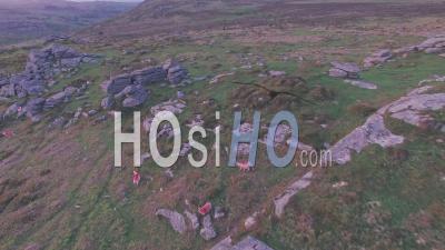 Sheep In Dartmoor National Park At Sunset, Devon, England, Uk. Aerial Drone View