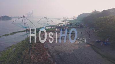 Traditional Chinese Fishing Nets At Fort Kochi, India. Aerial Drone View At Sunrise