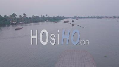 Houseboat Tour Around Kerala Backwaters At Alleppey In India. Aerial Drone View