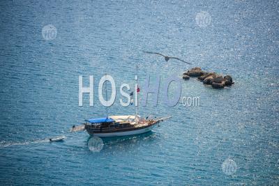 Gulet Sailing Boat In Kekova Bay, Antalya Province, Lycia, Anatolia, Mediterranean Sea, Turkey, Eastern Europe