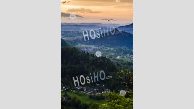 Typical Slovenia Landscape. Misty Sunrise View From Osojnica Hill At Lake Bled Towards Radovljica, Slovenia, Europe