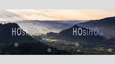 Misty Sunrise Landscape. View From Osojnica Hill At Lake Bled Towards Radovljica, Gorenjska Region, Slovenia, Europe
