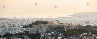 View Over Athens And The Acropolis At Sunset From Likavitos Hill, Attica Region, Greece, Europe