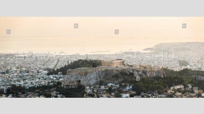 View Over Athens And The Acropolis At Sunset From Likavitos Hill, Attica Region, Greece, Europe