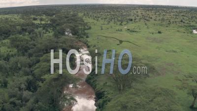 Aerial Drone View Of River In African Landscape In Laikipia, Kenya