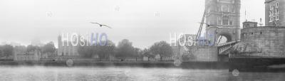 Black And White Tower Of London And Tower Bridge On A Misty Atmospheric Morning On The River Thames On Coronavirus Covid-19 Lockdown Day One, City Of London, England, Uk